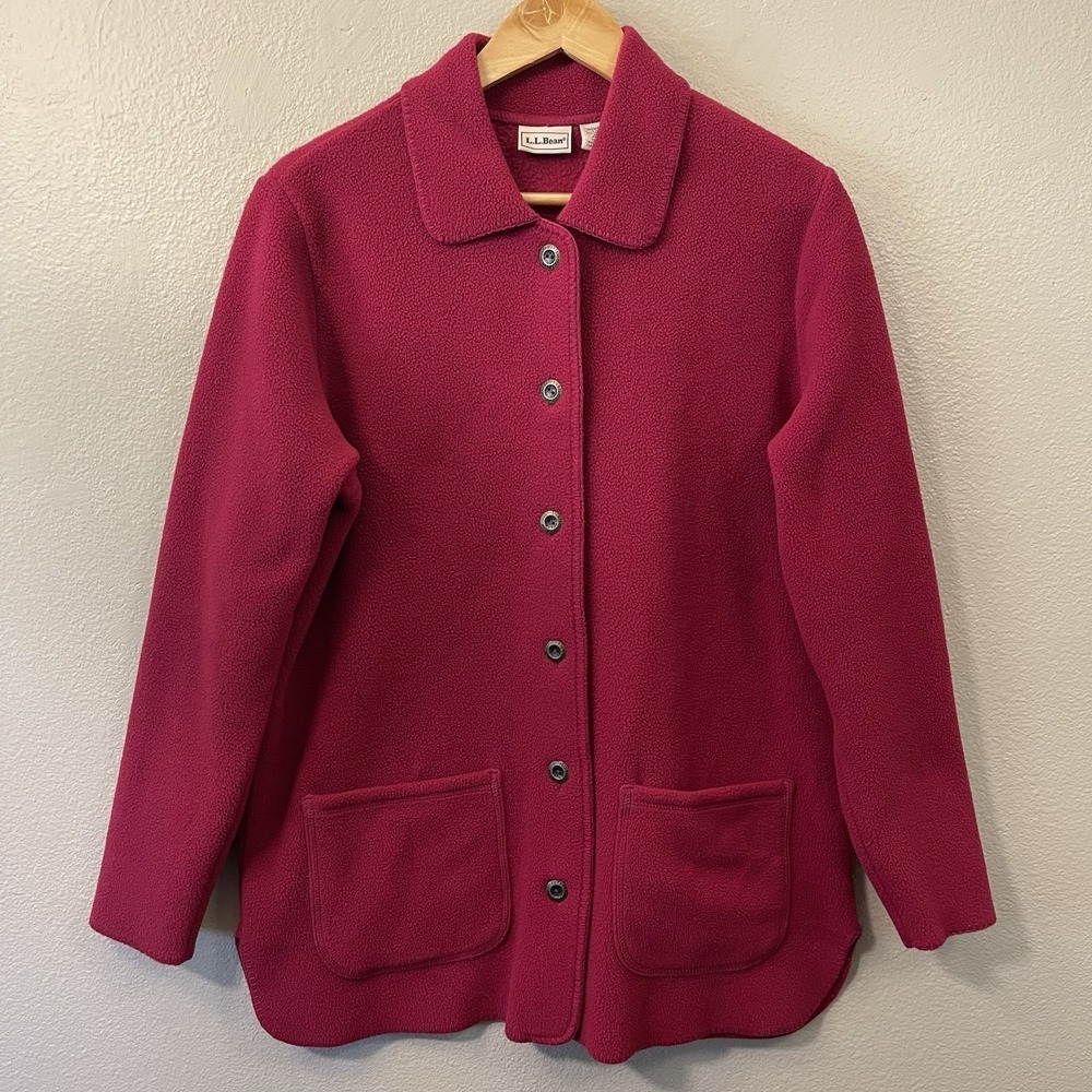 LL Bean Fleece Cardigan Jacket Buttons Fuchsia Pink Cozy Soft Warm Pockets Sz M